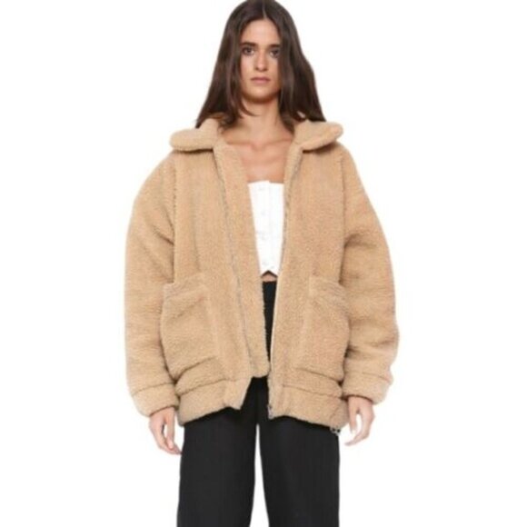 I am Gia pixie oversized teddy camel sherpa zip up jacket size S - Picture 1 of 12